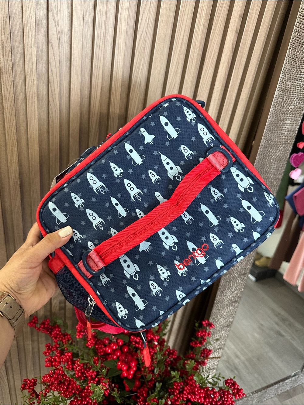 Benico Navy Rocket-Print Men’s Toiletry Bag with Red Trim